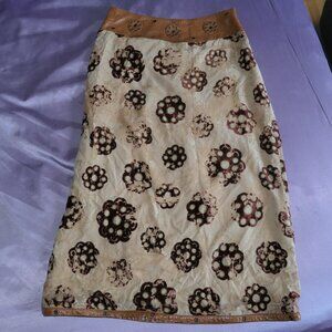 Crushed Velvet Tan skirt with Leather Waistband and Floral Accent